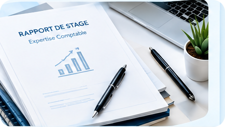 Rapport de stage d'expertise comptable, stylos et ordinateur portable