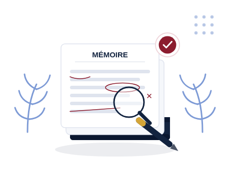 Page de mémoire annotée avec loupe et marques de correction