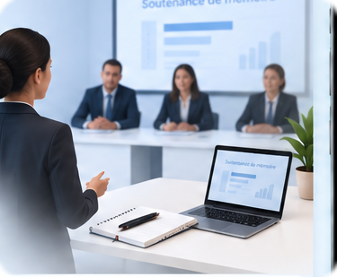 Simulation de soutenance devant un jury, avec ordinateur portable présentant le mémoire